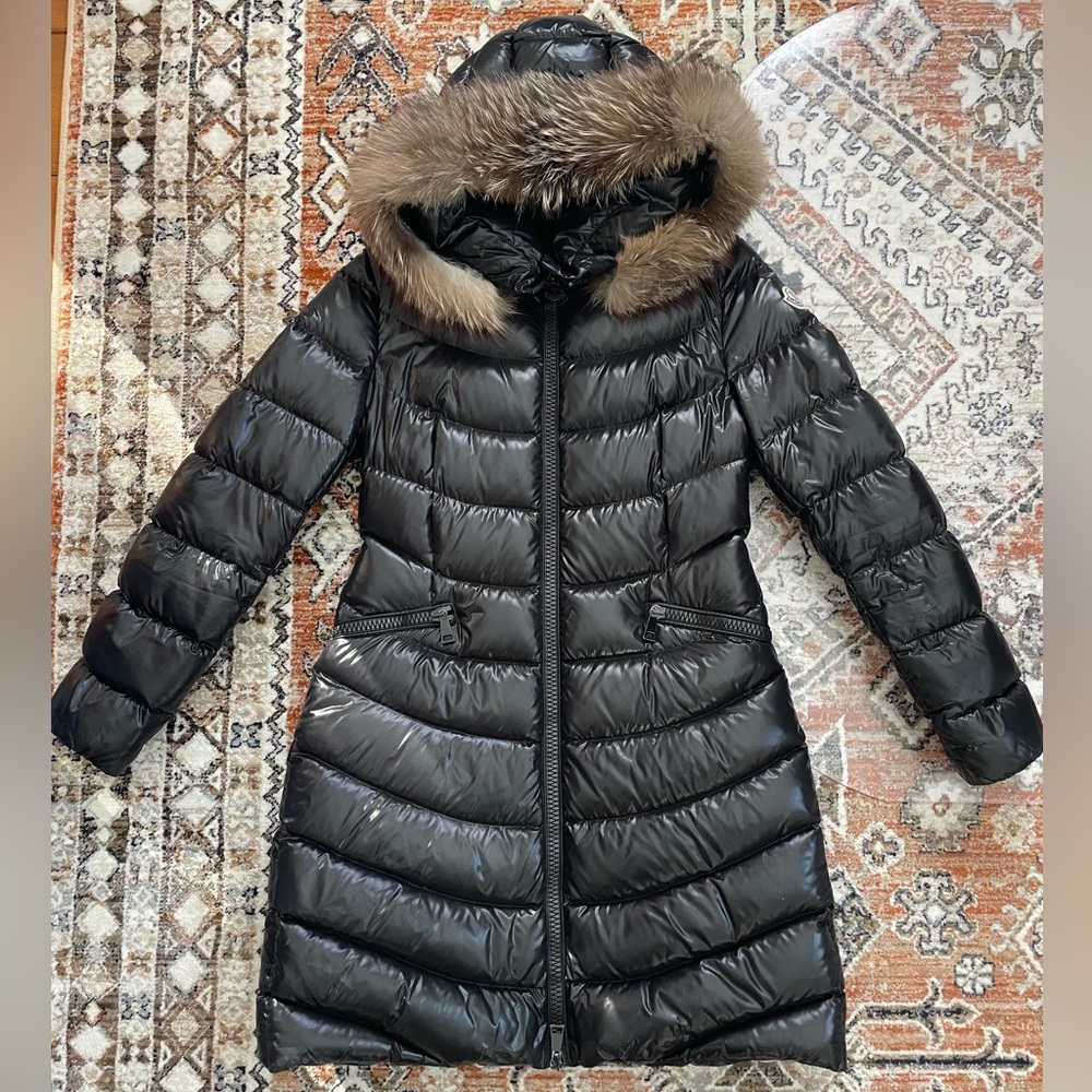 Moncler Long Black Shiny Jacket with Fur